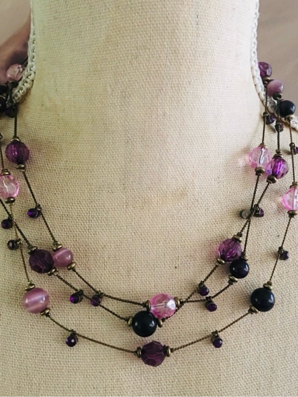 Elegant triple strand purple tone glass bead stone necklace